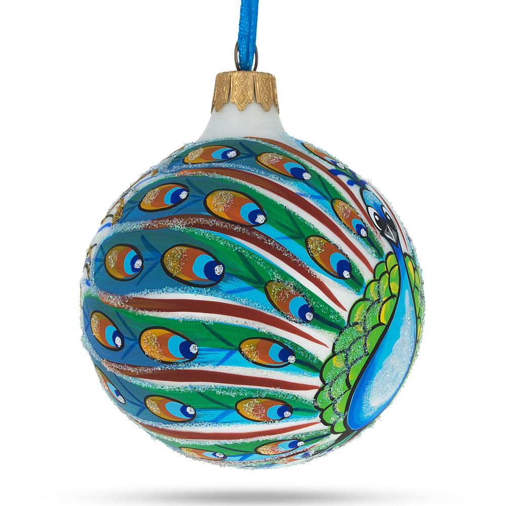 Elegant Peacock Glittered - Blown Glass Ball Christmas Ornament 3.25 Inches