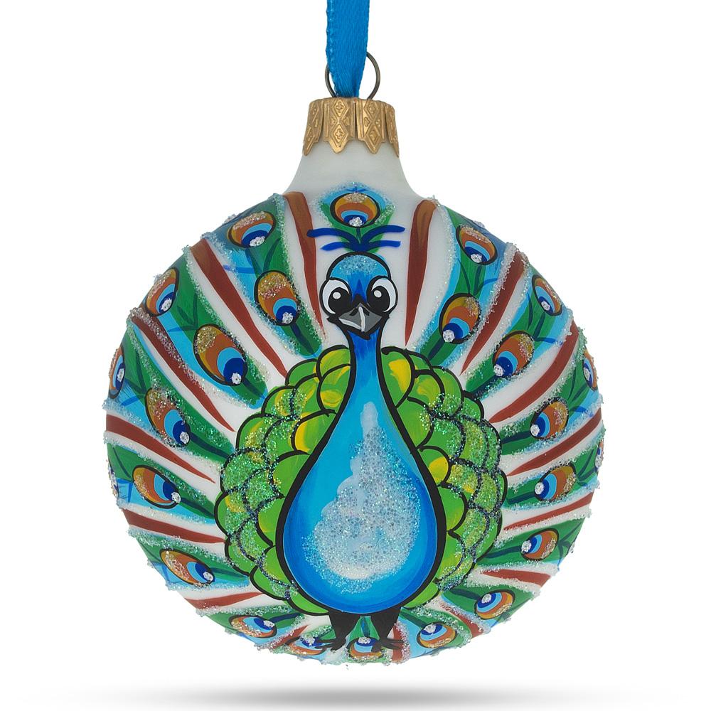 Elegant Peacock Glittered - Blown Glass Ball Christmas Ornament 3.25 Inches