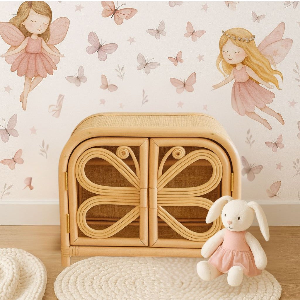 Rattan Doll Clothes Wardrobe | Boho Butterfly Dresser For Kids | Eco-friendly Nursery Decor