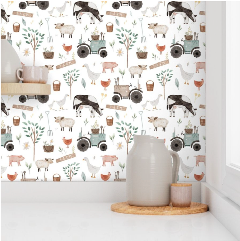 Farm Wallpaper Baby Animals And Foliage - Nursery Wall Decor Wallpapers