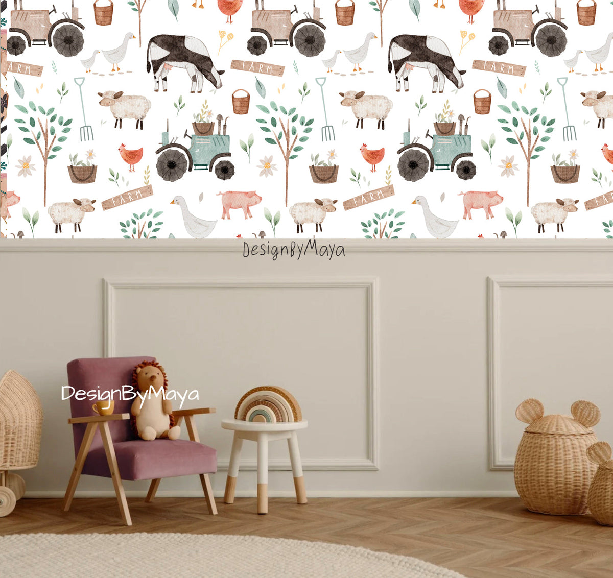 Baby Lamb And Tractor Farm Wallpaper - Nursery Wall Decor Wallpapers