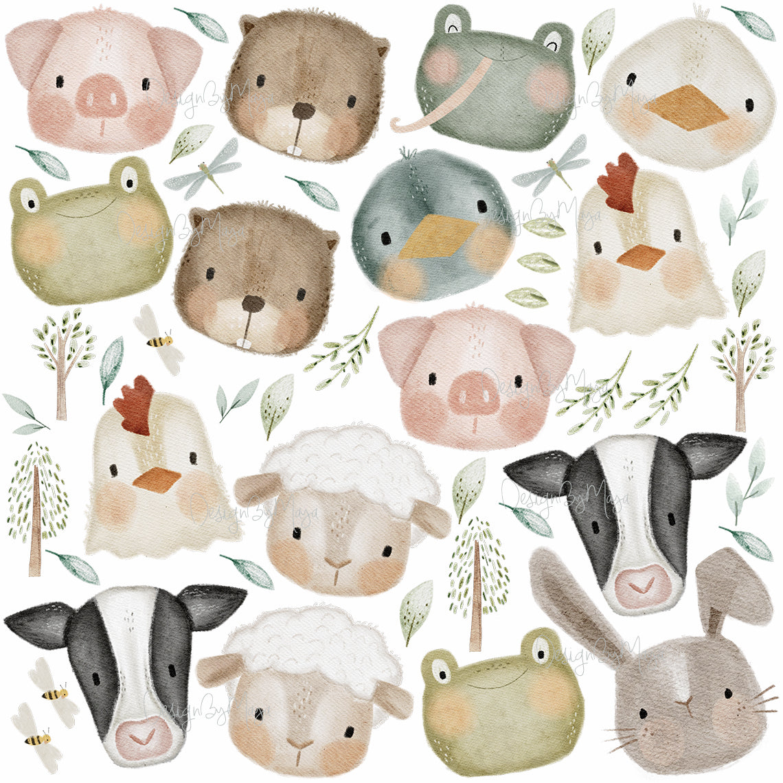 Farm Animals Faces - Fabric Nursery Wall Art Decals