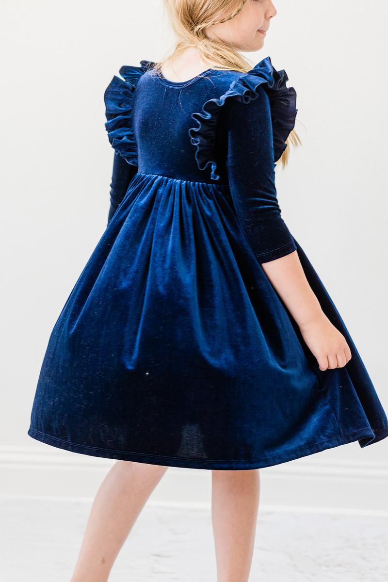 Navy Velvet Ruffle Twirl Dress