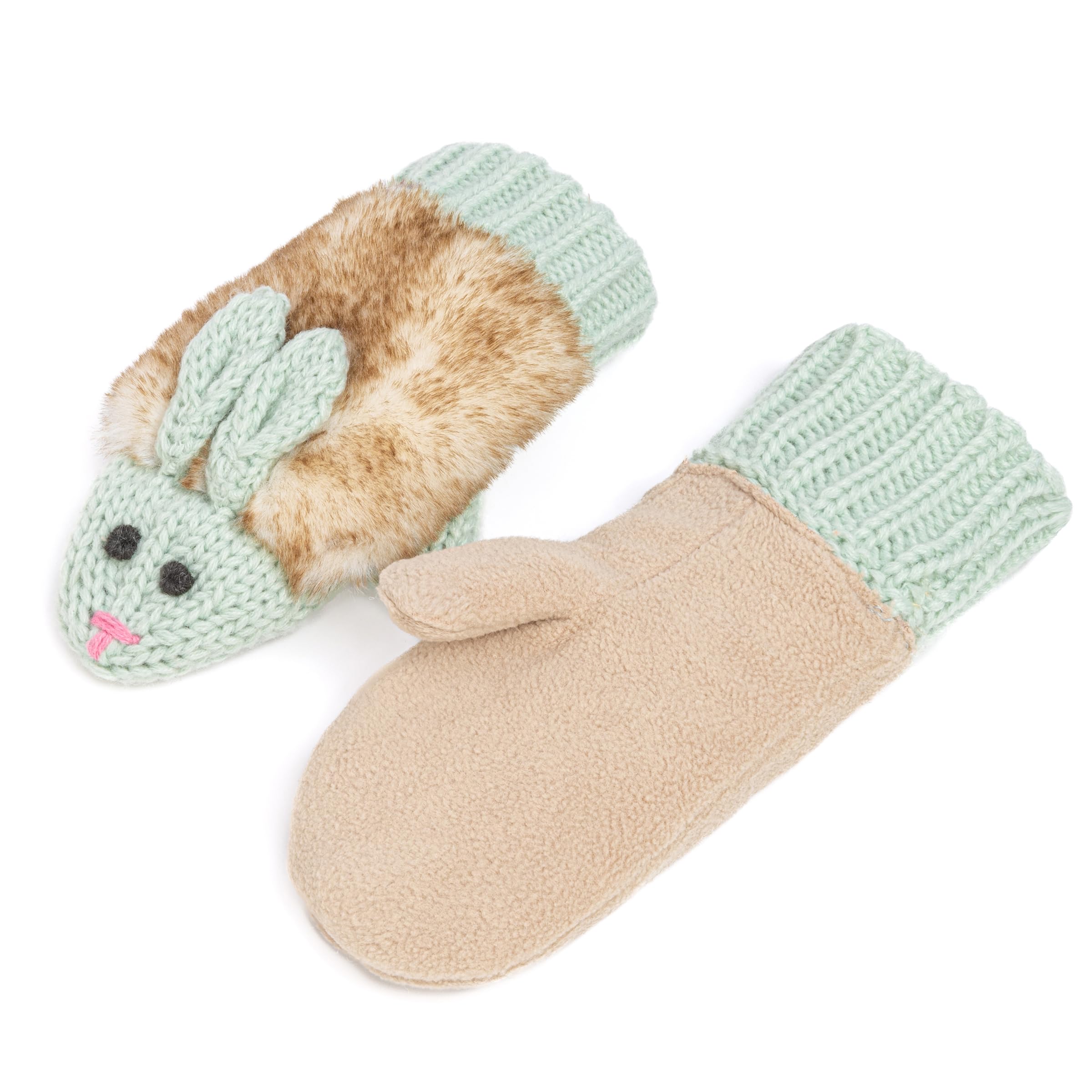 Warm Knit Winter Mittens For Girls Ages 3-12 Years, Double-layered, Fun Bunny Rabbit Design For Children, Toddler To Big Kids