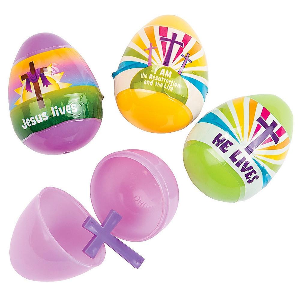 Set Of 12 Religious Plastic Easter Eggs With Cross Inside