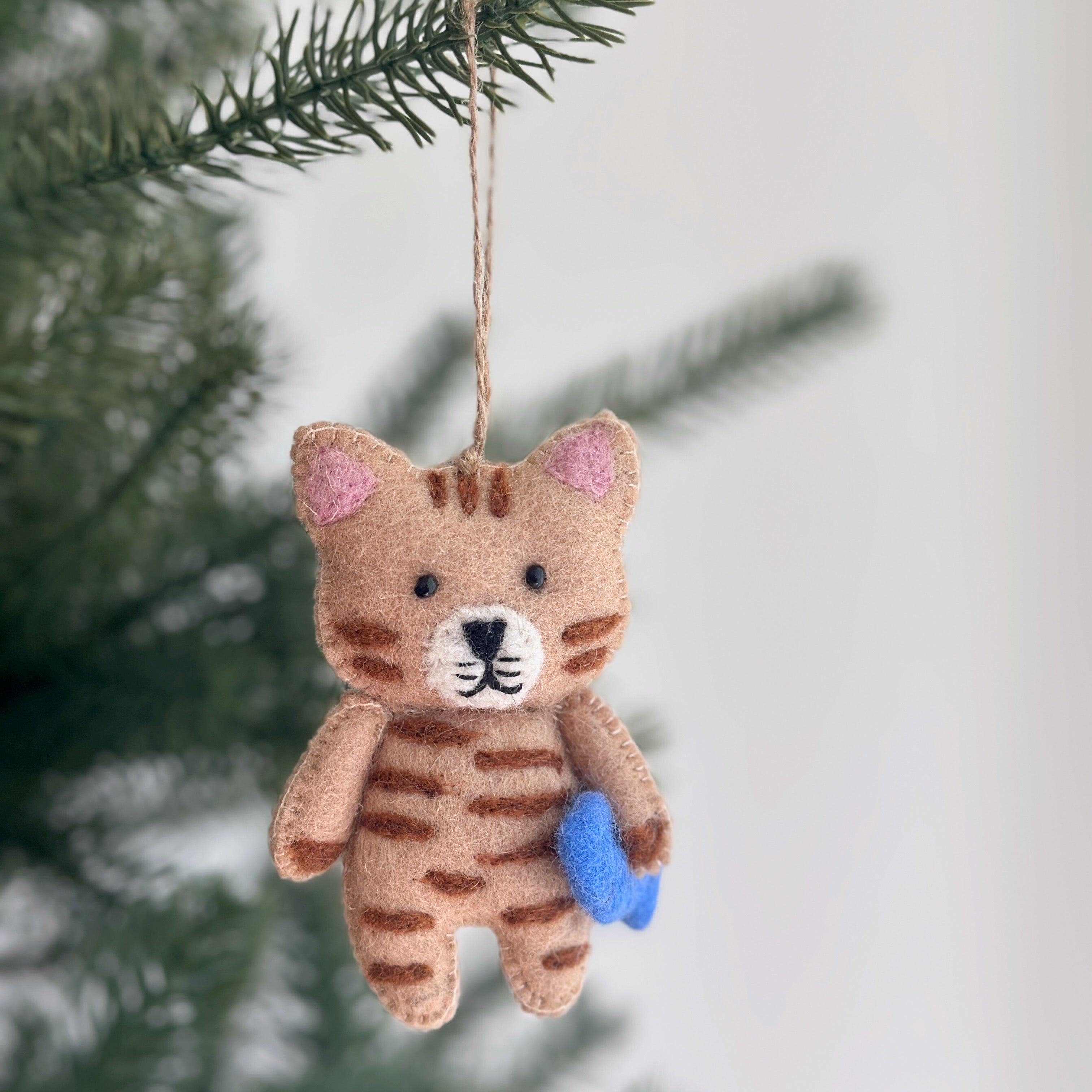 Felt Cat Ornament - Stitched Cat Holding Fish