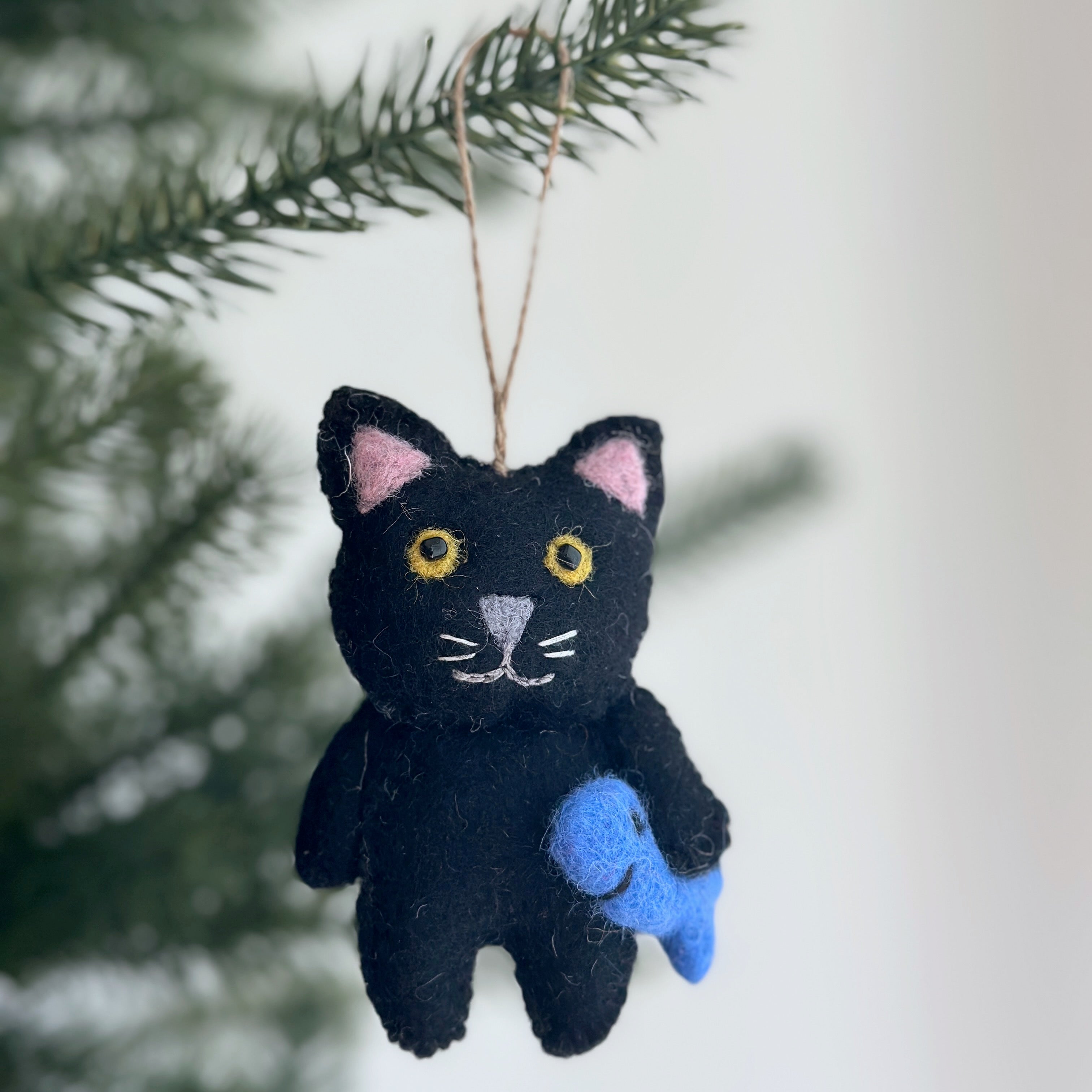 Felt Cat Ornament - Stitched Cat Holding Fish