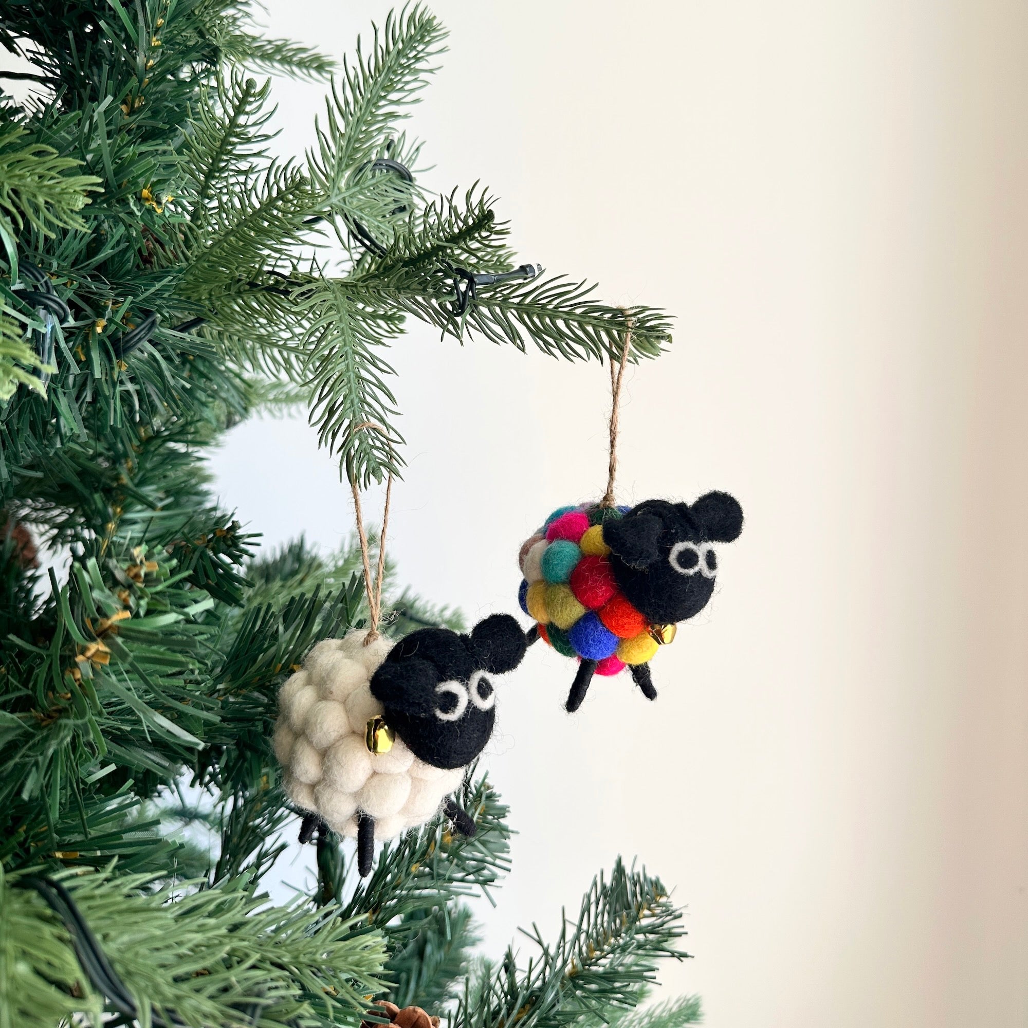 Felt Christmas Ornaments Set Of 2 - Mini Pompom Sheep