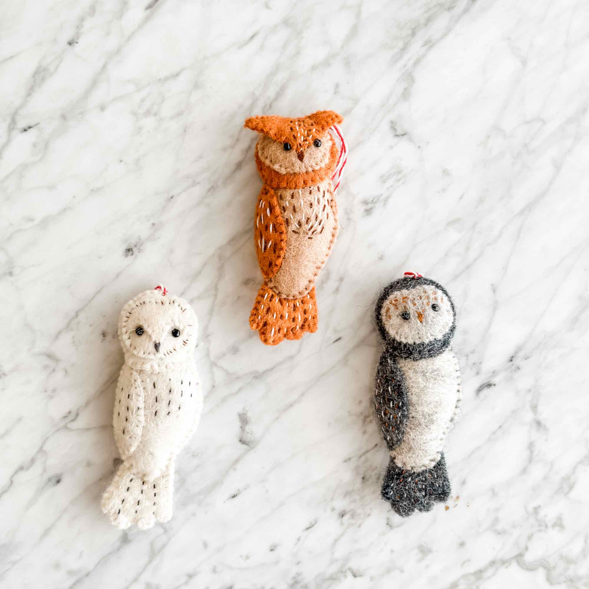 Felt Christmas Ornaments Set Of 3 - Hand-stitched Owls