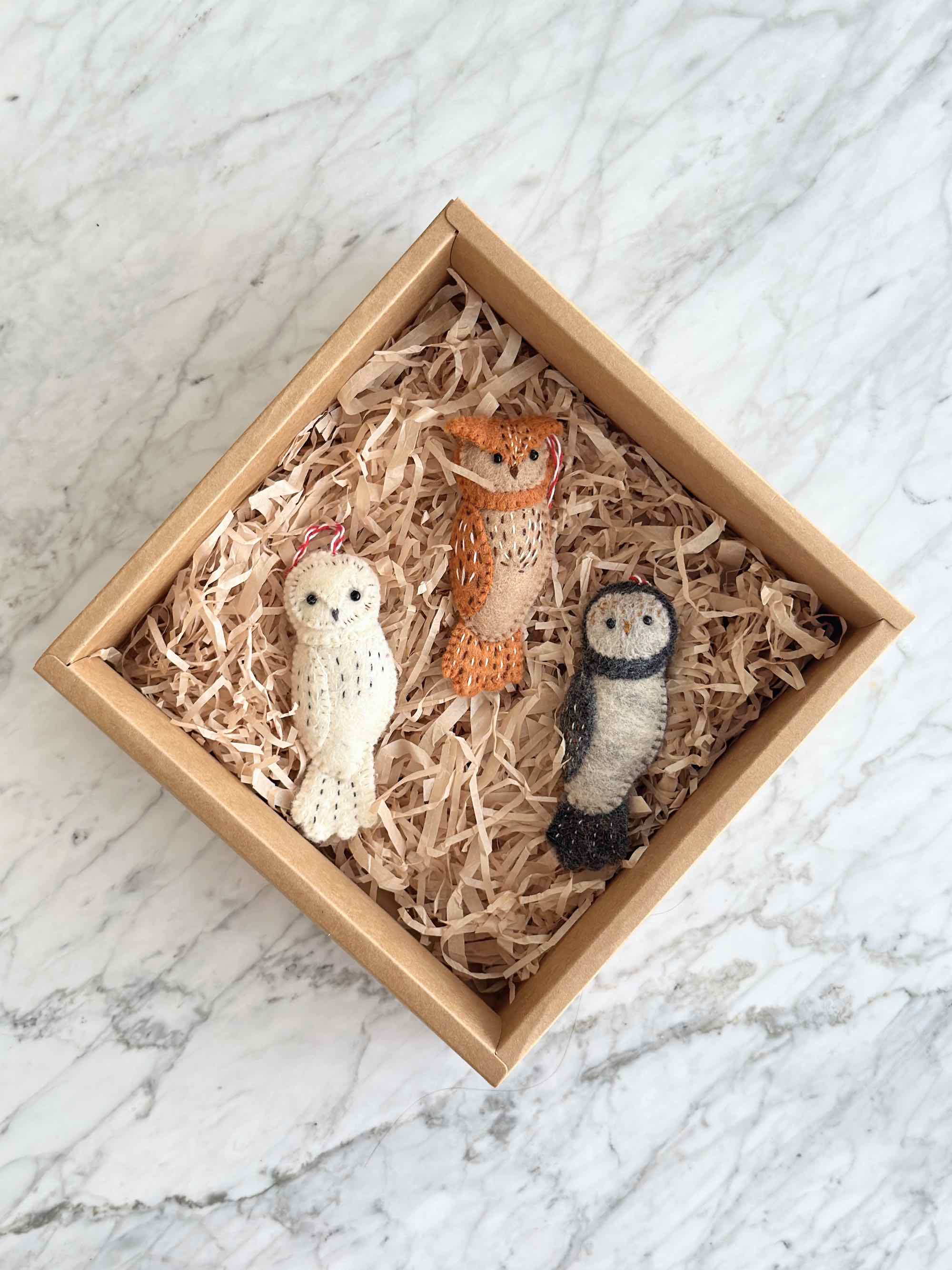 Felt Christmas Ornaments Set Of 3 - Hand-stitched Owls