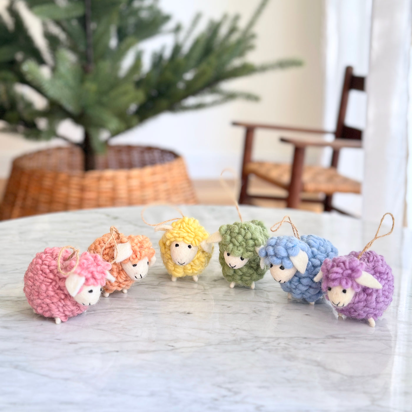 Felt Fluffy Sheep Ornament Set Of 6 - Pastel Tone
