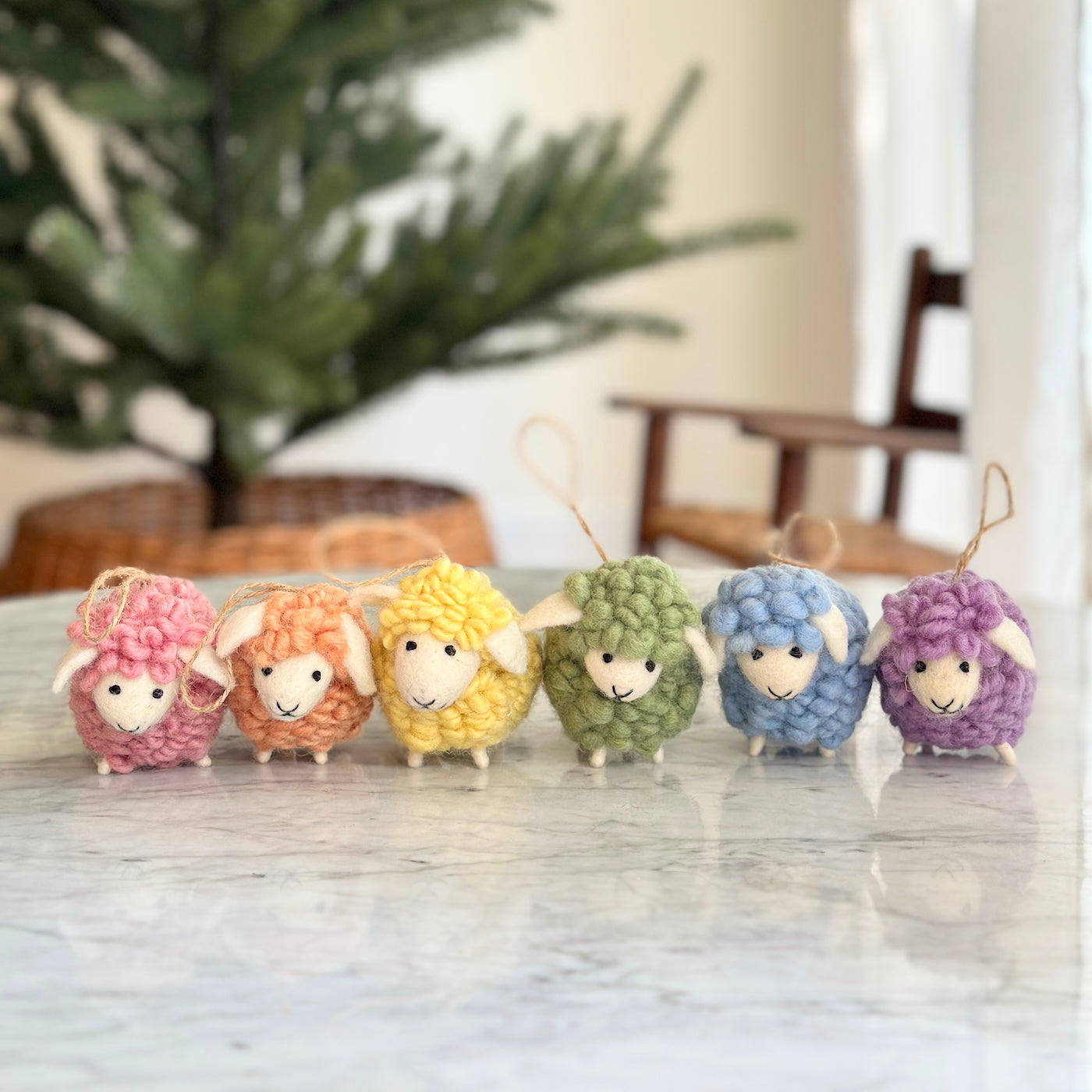 Felt Fluffy Sheep Ornament Set Of 6 - Pastel Tone