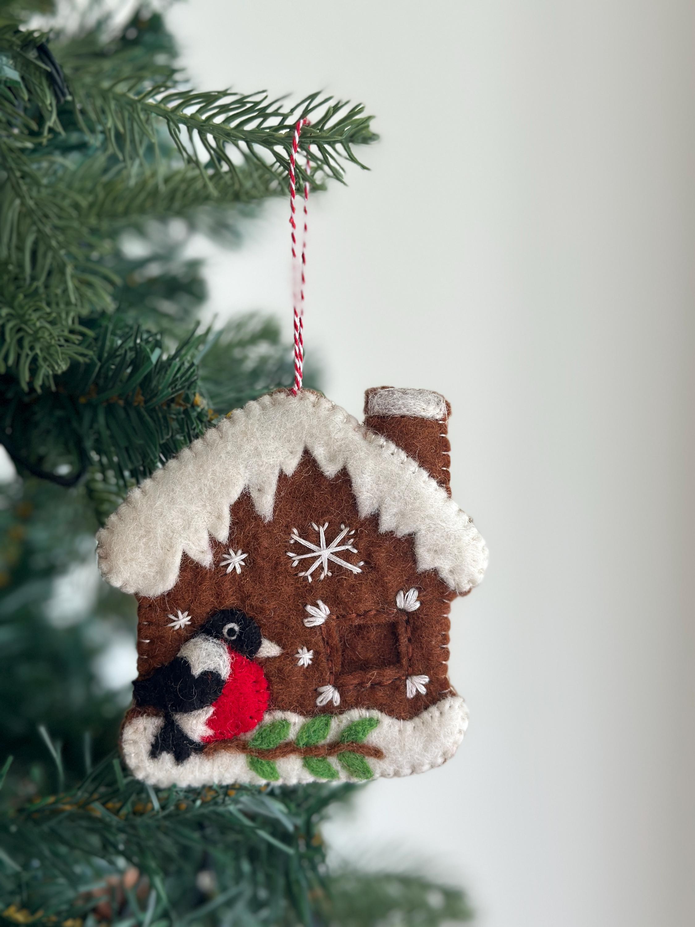 Felt Gingerbread House With Woodpecker Ornament