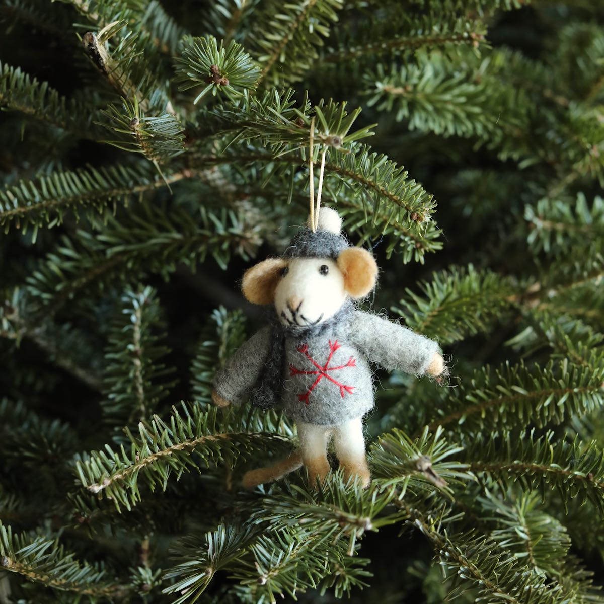 Felt Ornament - Mouse With Scarf / Gray Sweater
