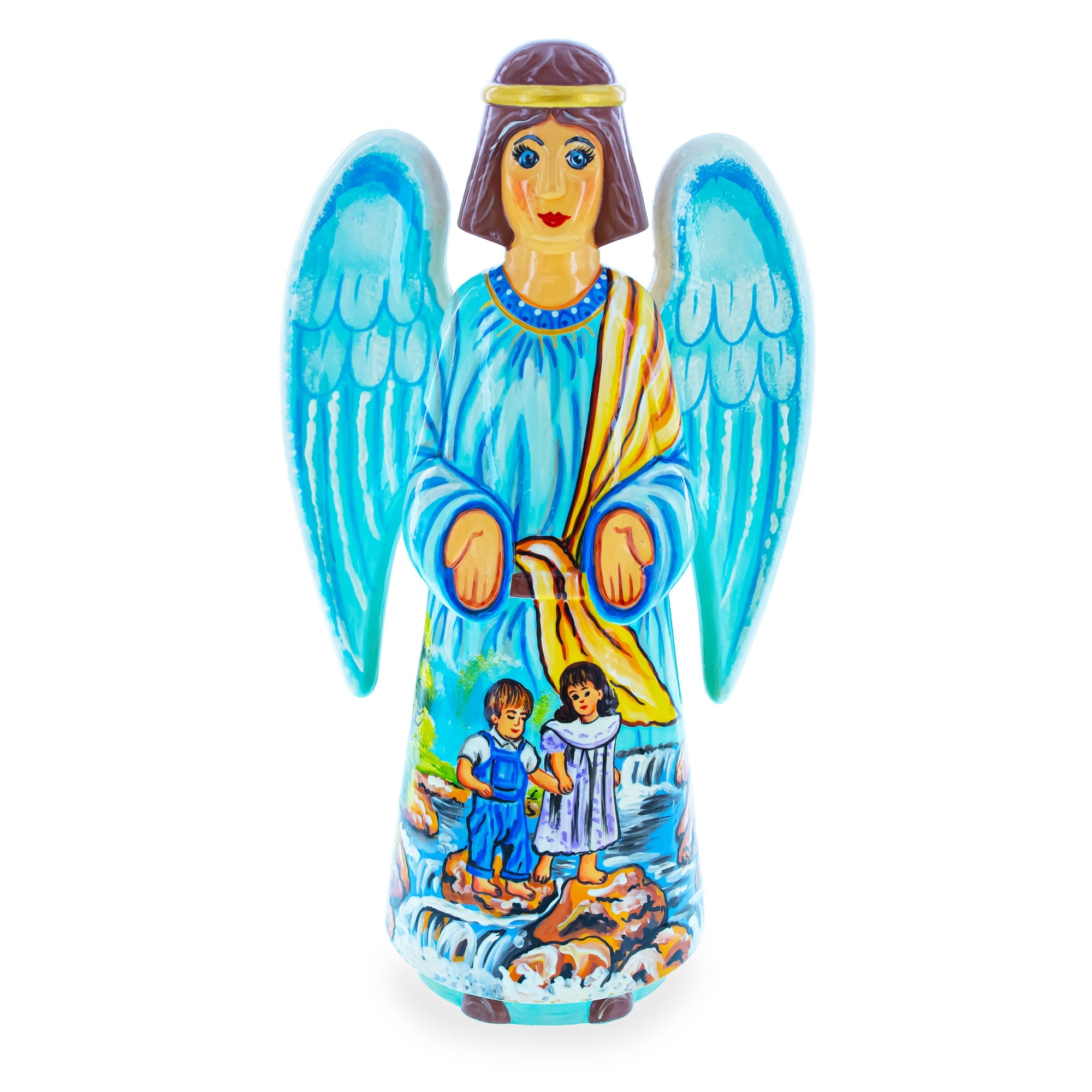 Guardian Angel & Children Ukrainian Hand Carved Solid Wood Figurine 10 Inches