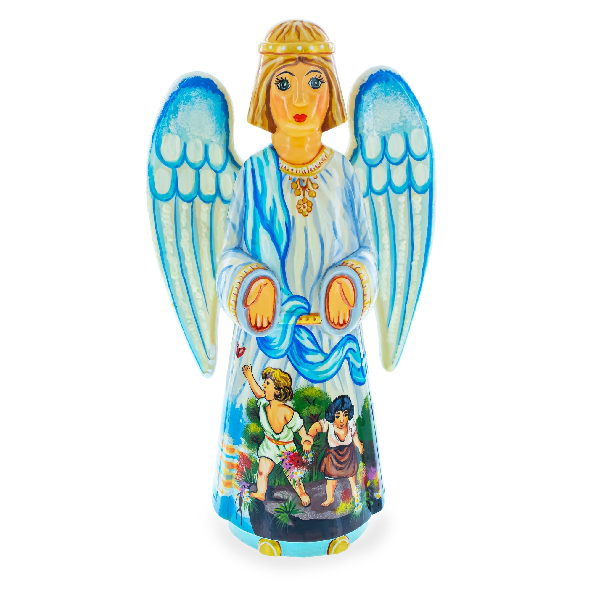 Guardian Angel Over Children Ukrainian Hand Carved Solid Wood Figurine 10 Inches