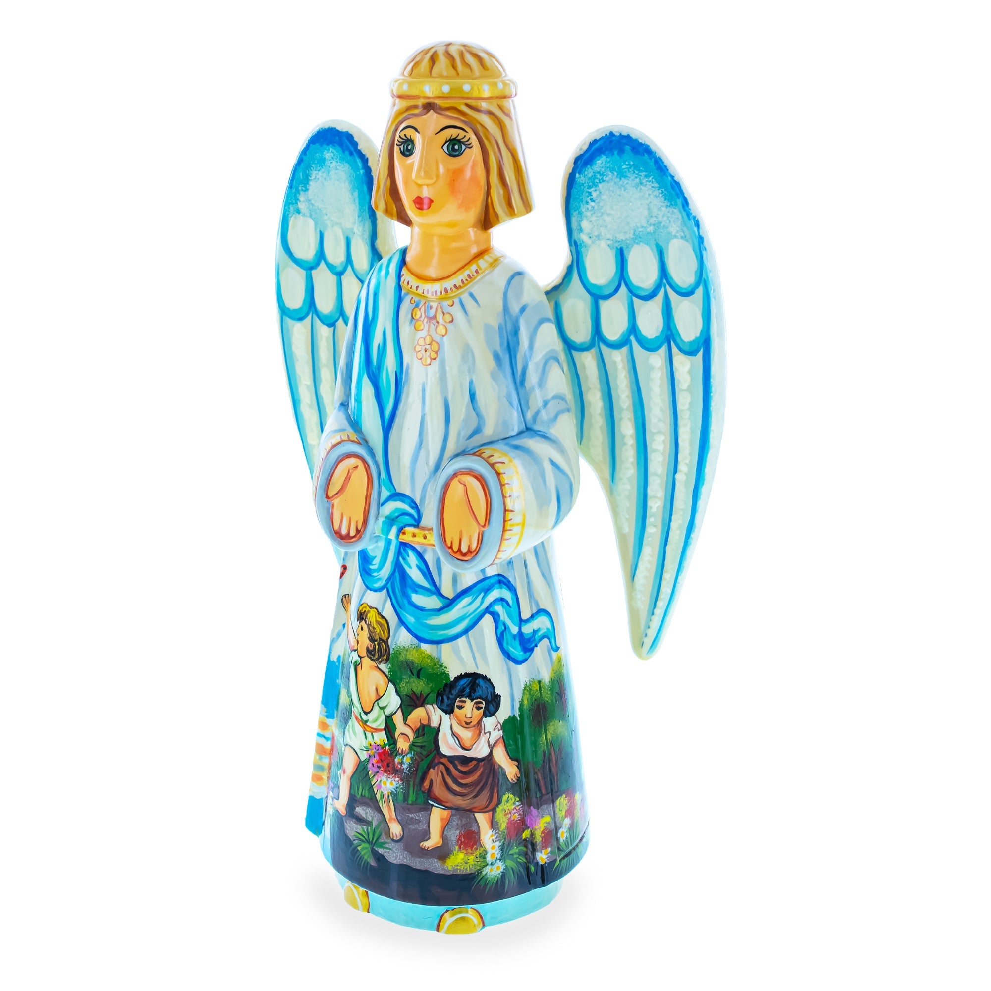 Guardian Angel Over Children Ukrainian Hand Carved Solid Wood Figurine 10 Inches