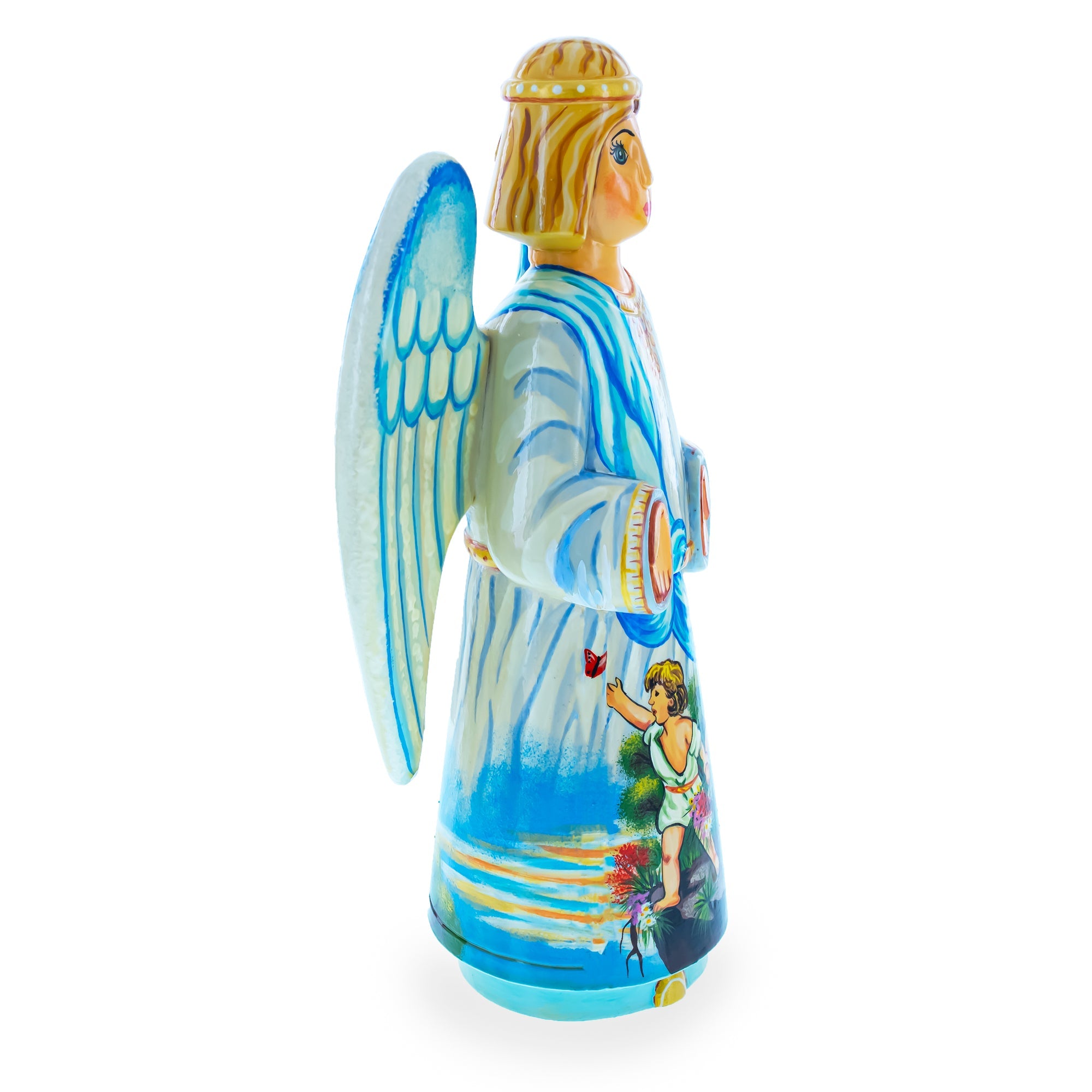 Guardian Angel Over Children Ukrainian Hand Carved Solid Wood Figurine 10 Inches