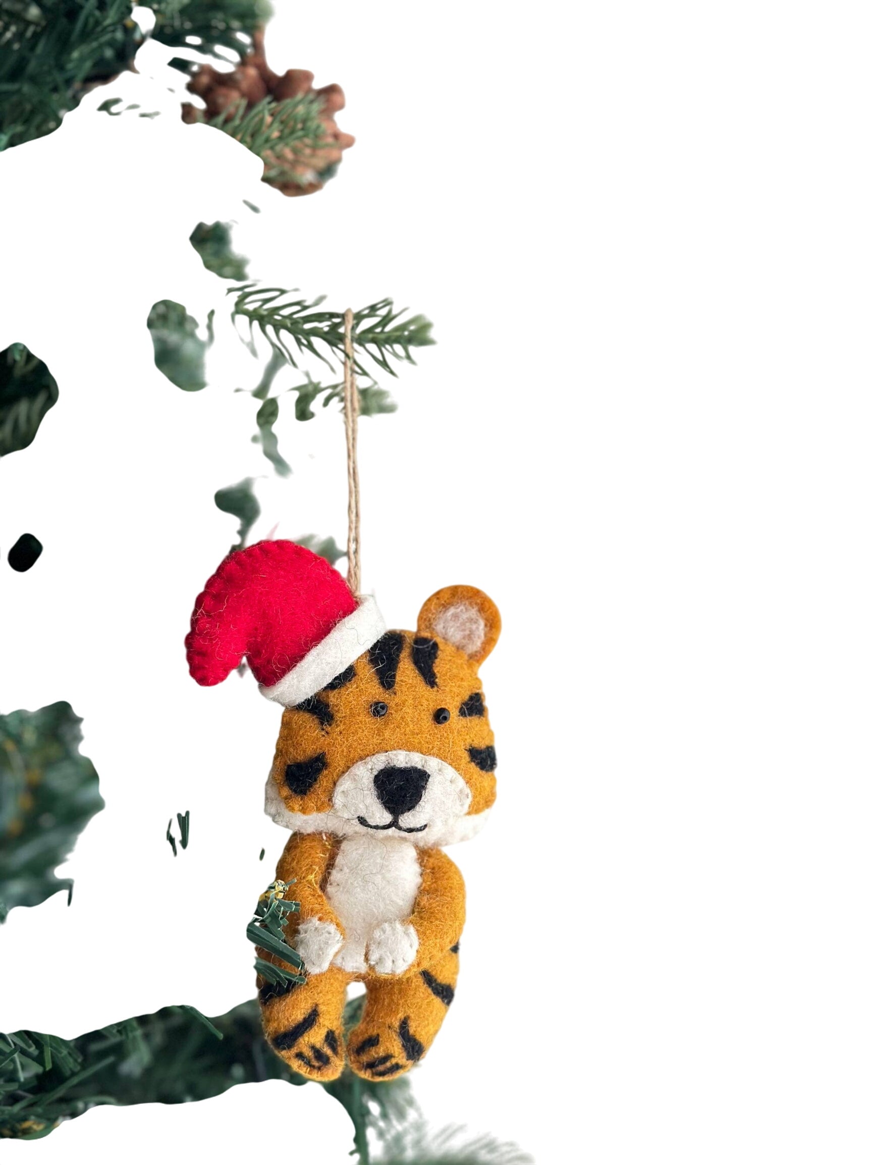 Felt Tiger With Christmas Hat Ornament