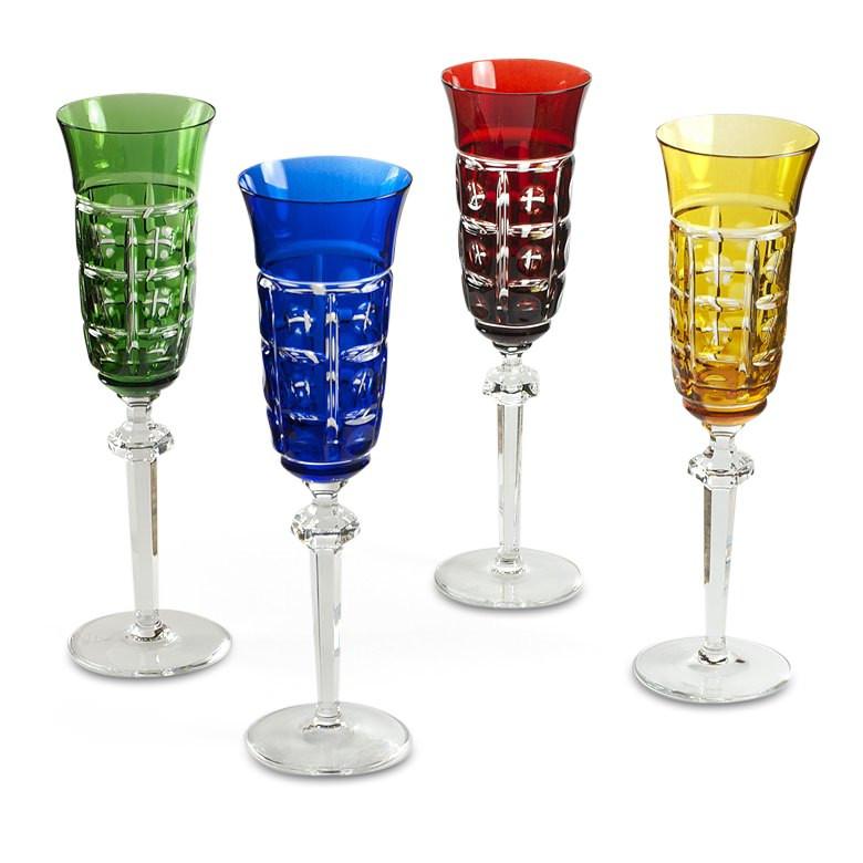 Set Of 4 Multicolored Crystal Champagne Glasses By Arnstadt Germany