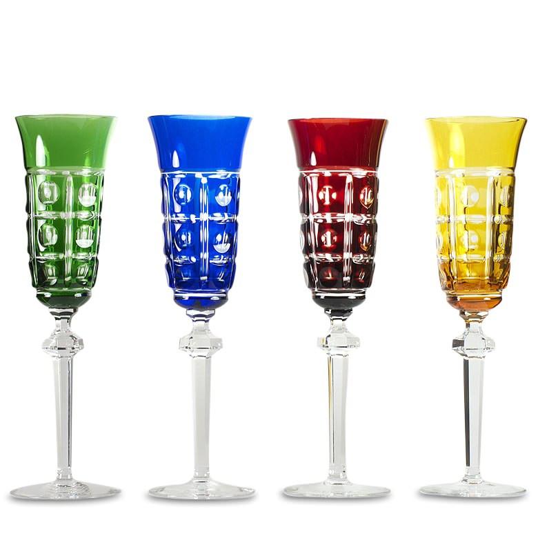 Set Of 4 Multicolored Crystal Champagne Glasses By Arnstadt Germany