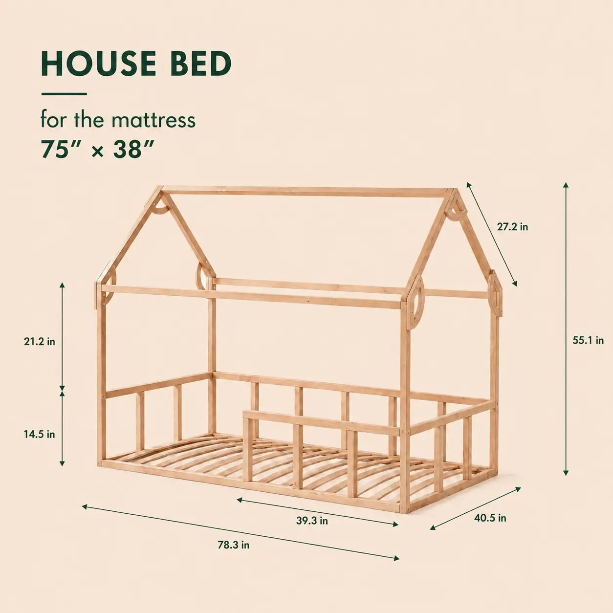 Twin Size Montessori House Bed For Kids With Fence