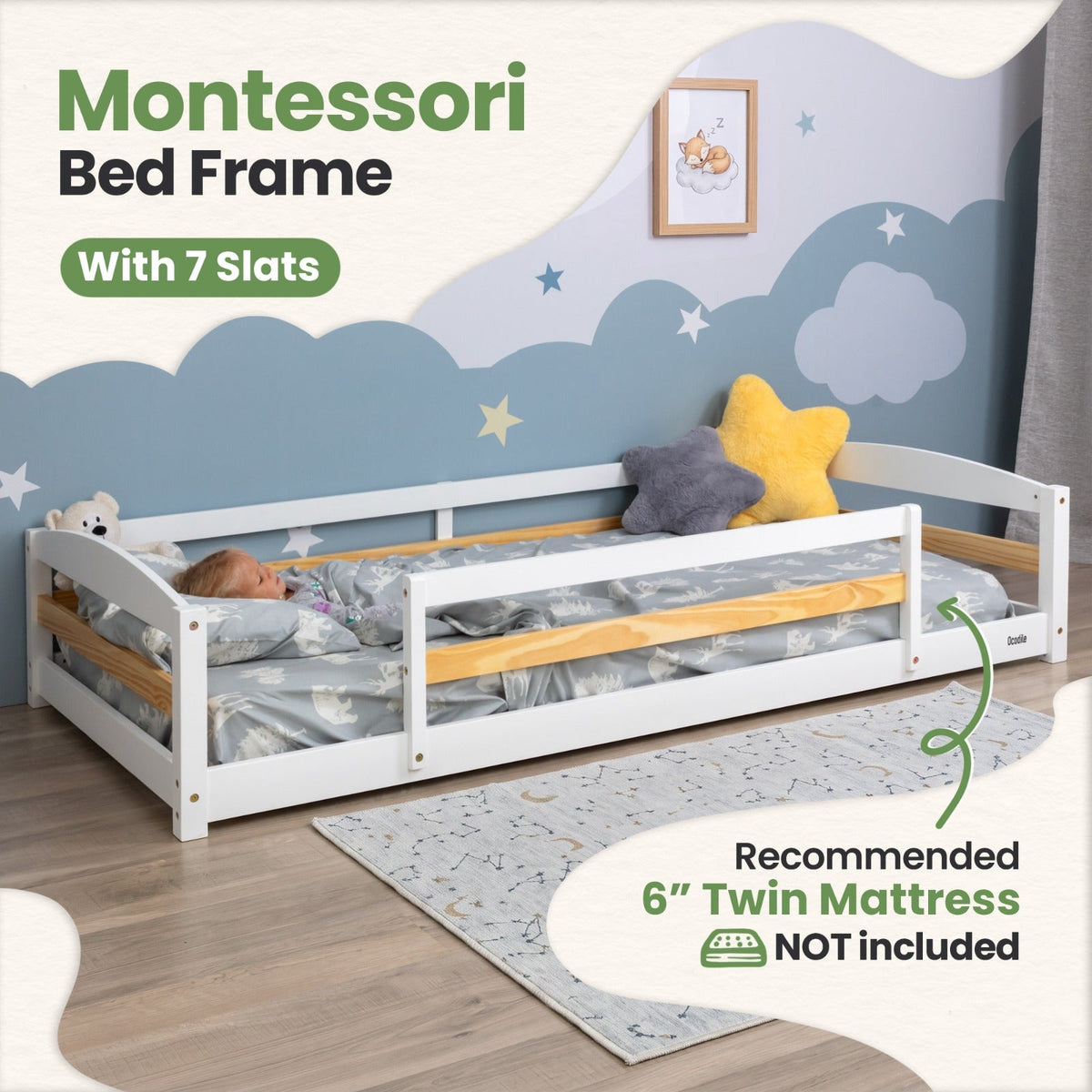 Twin Floor Bed With Safety Guardrails For Kids - Montessori Inspired