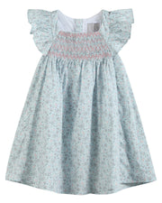 Floral Blue Dove Smocked Flutter Dress