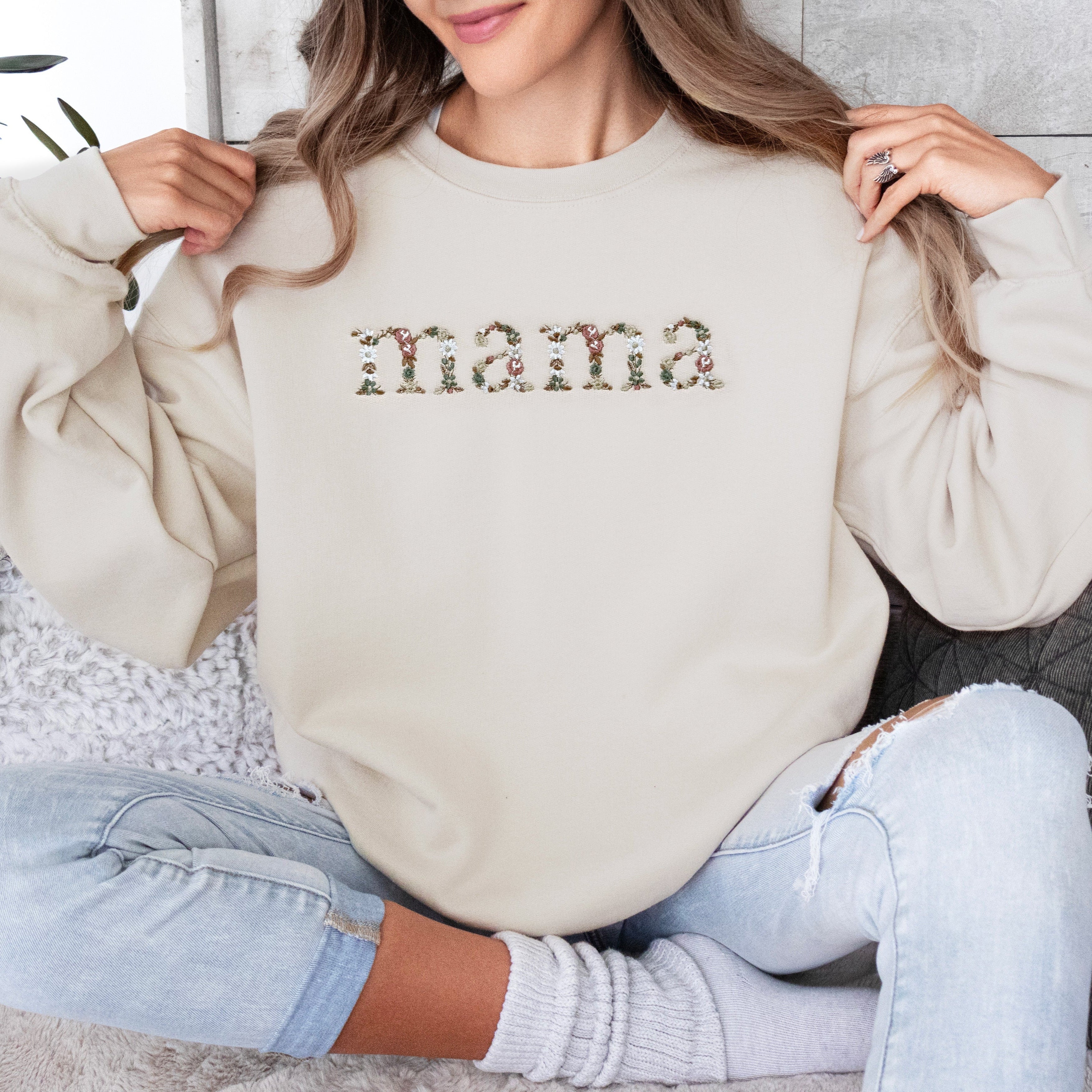 Floral Mama Sweatshirt | Neutral Embroidered Mom Crewneck