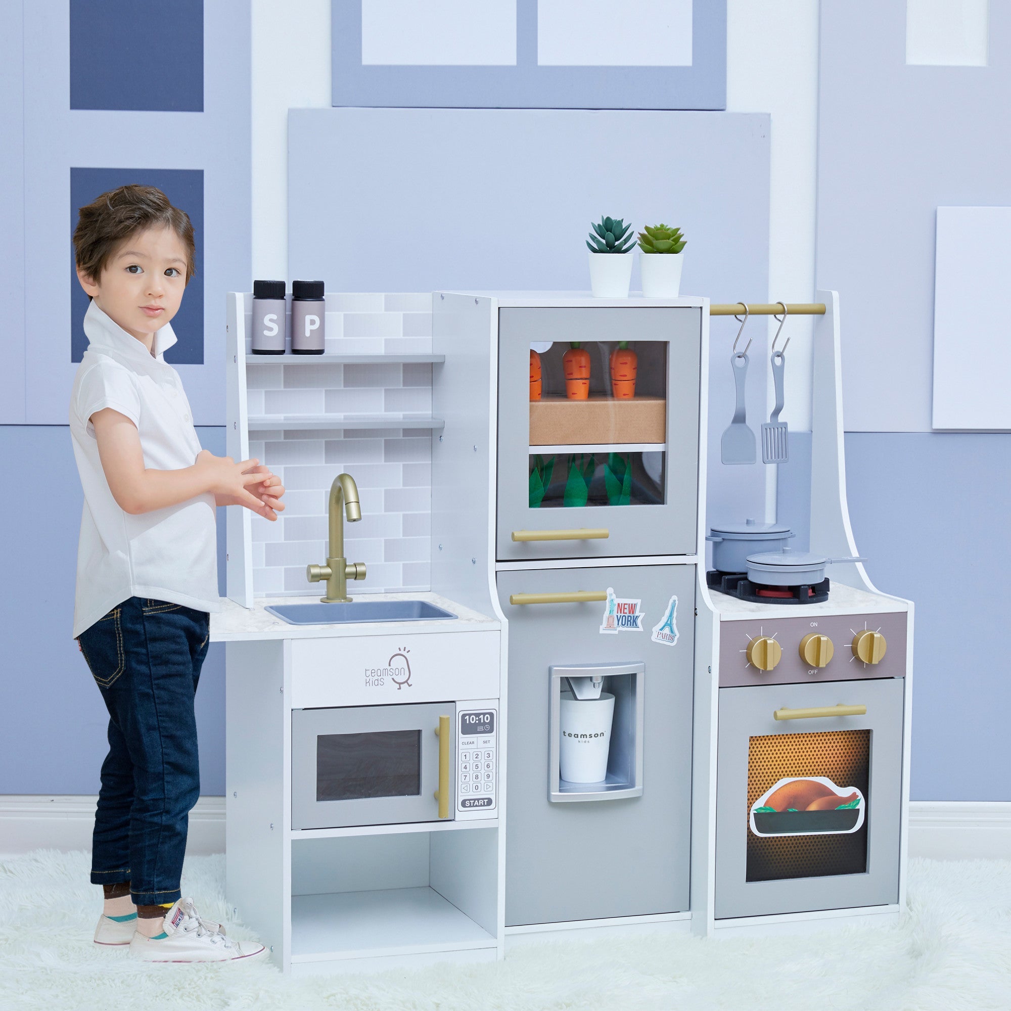 Little Chef Lyon Complete Wooden Kitchen Set With Hydroponic Garden, Refrigerator And Accessories, Gray