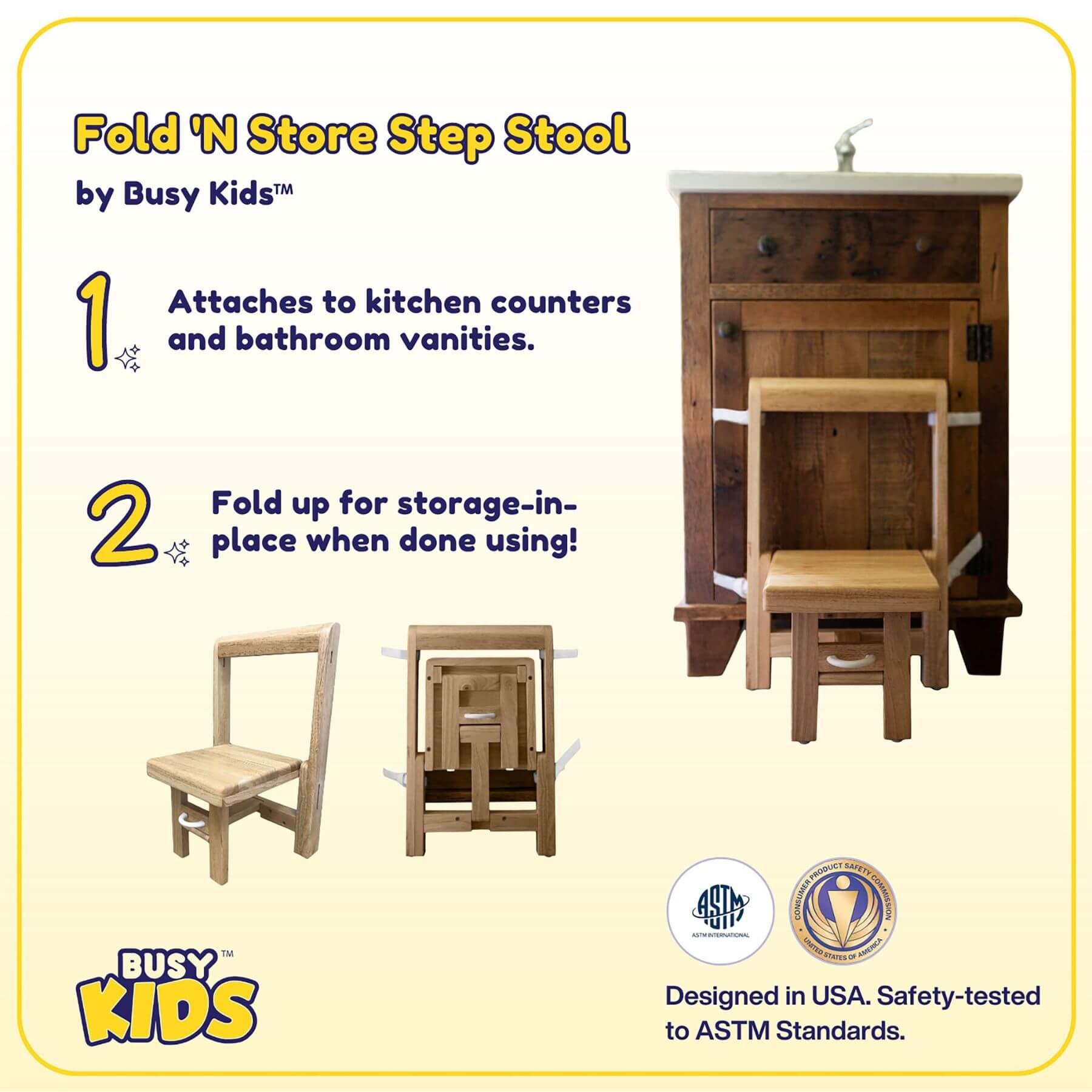 Busy Kids Fold 'n Store Step Stool, Natural (open Box)