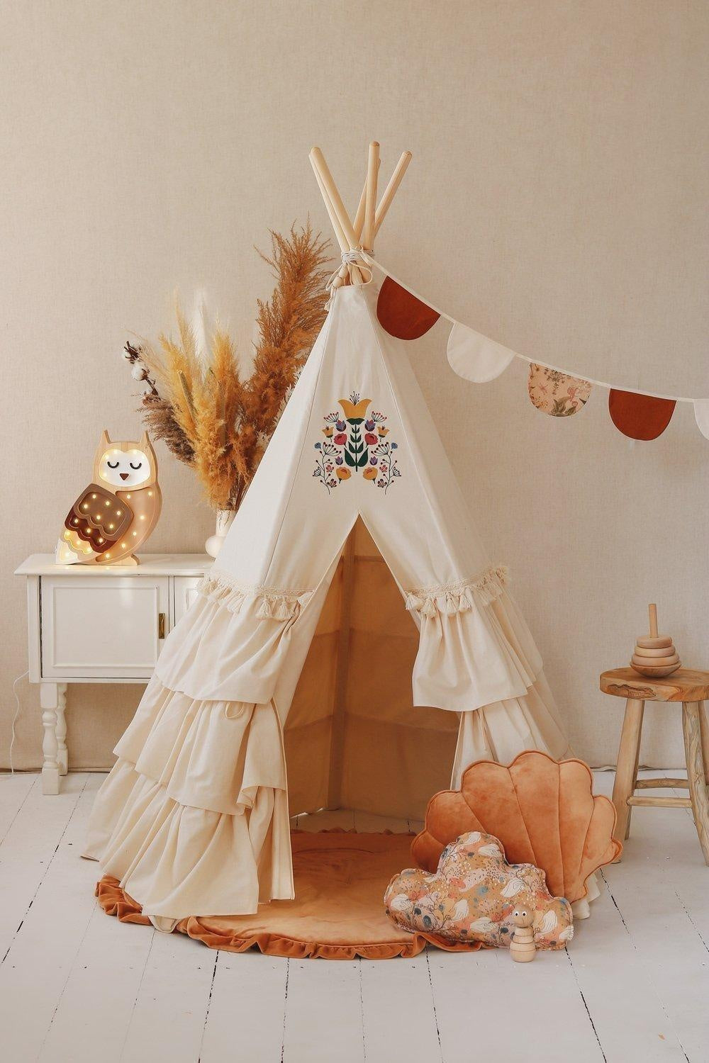 Folk - Teepee Tent With Frills And Marsala Shell Mat Set