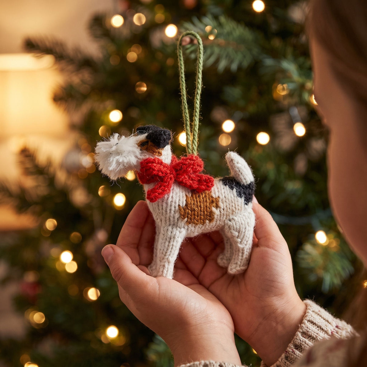 Hand Knit Alpaca Wool Christmas Ornament - Fox Terrier Dog