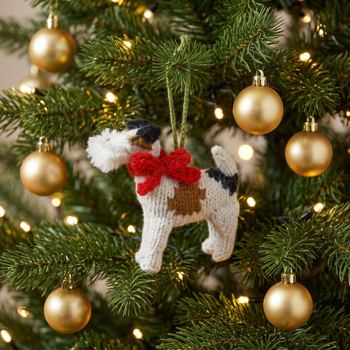 Hand Knit Alpaca Wool Christmas Ornament - Fox Terrier Dog