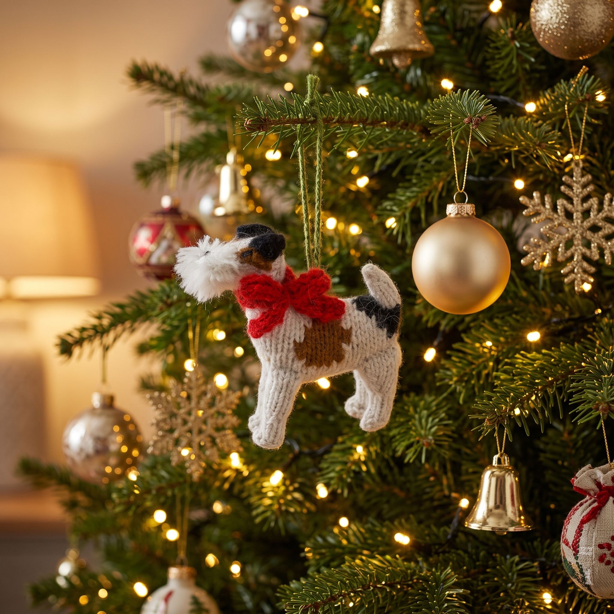 Hand Knit Alpaca Wool Christmas Ornament - Fox Terrier Dog