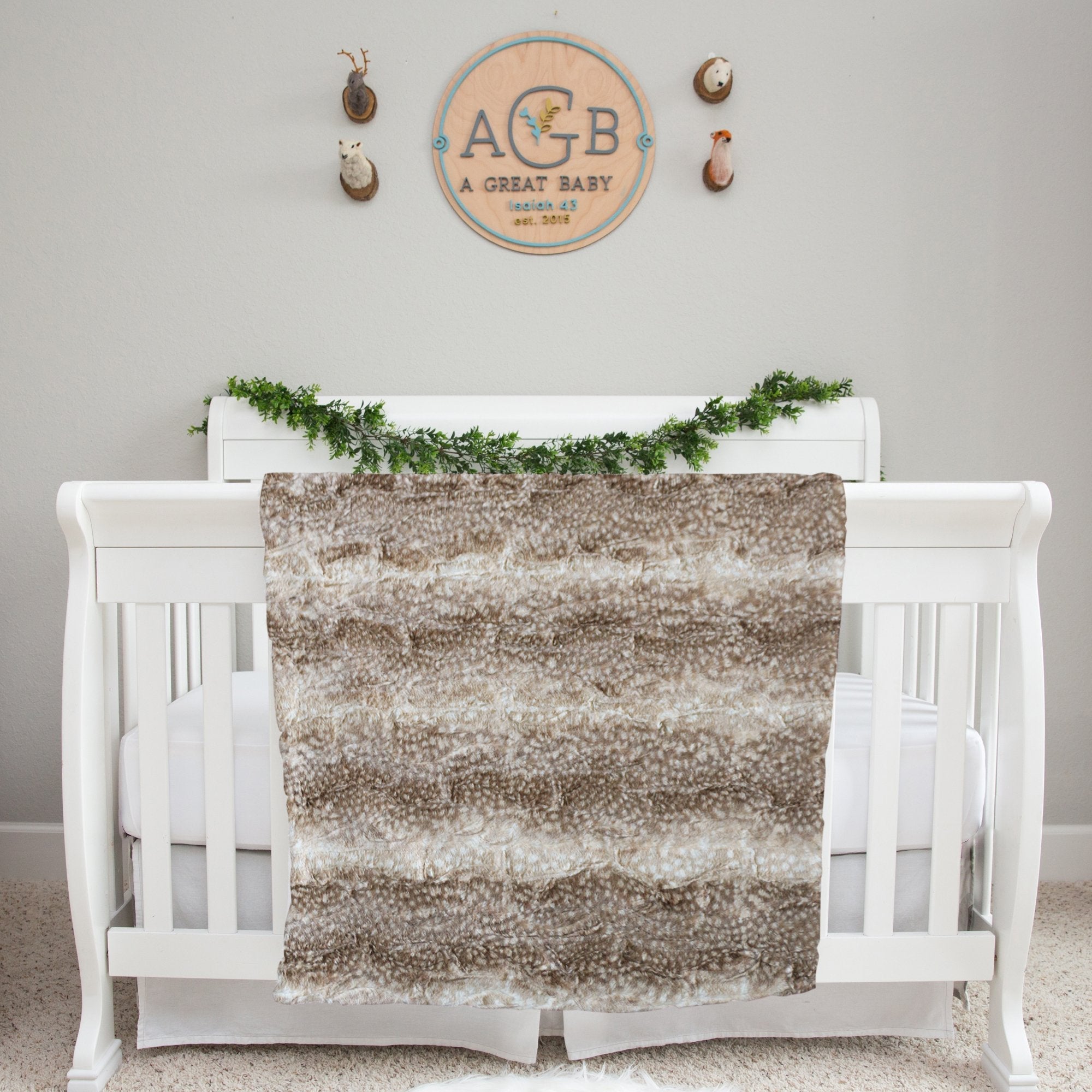 Newborn Personalized Blanket – Baby Deluxe Ivory Minky Fabric Wrap With Brown Deer Print
