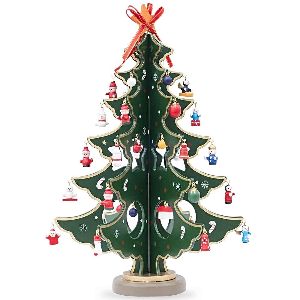 Traditional Wooden Tabletop Christmas Tree - Includes 32 German Style Miniature Christmas Ornaments, 12.5 Inches Tall