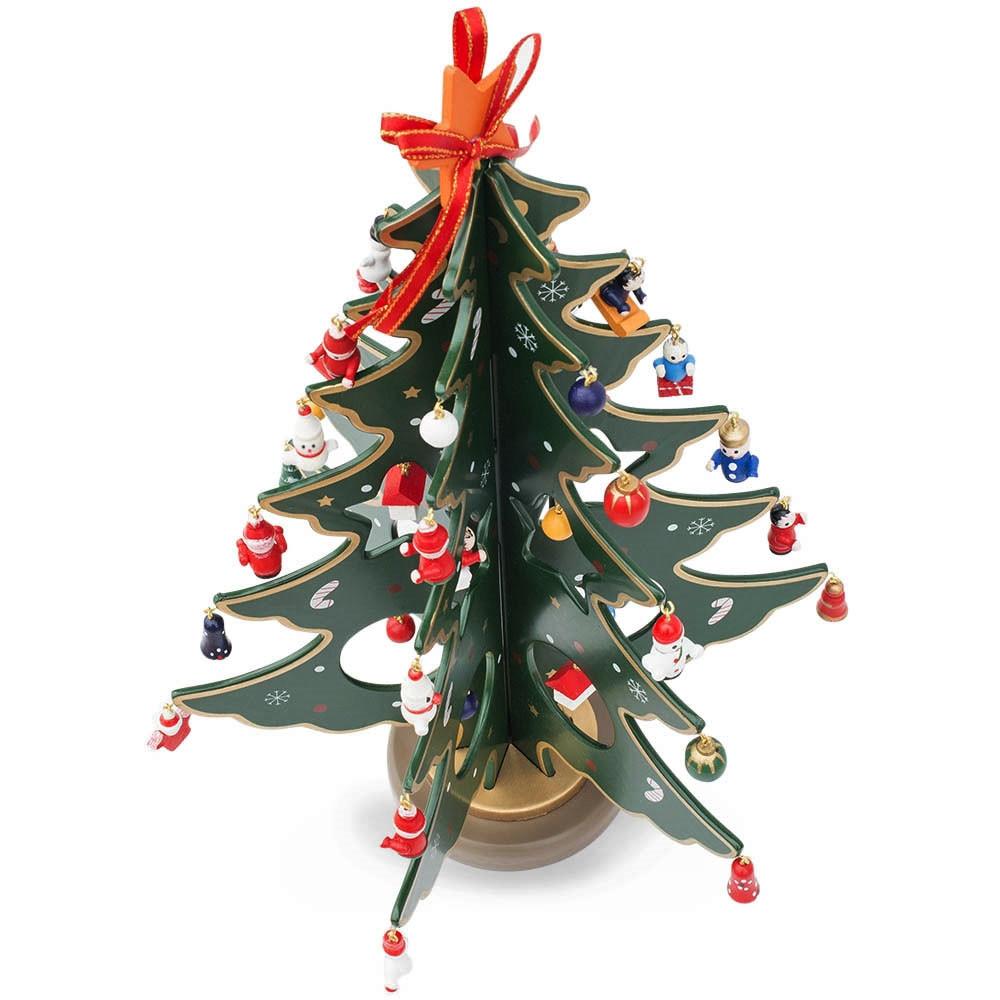 Traditional Wooden Tabletop Christmas Tree - Includes 32 German Style Miniature Christmas Ornaments, 12.5 Inches Tall