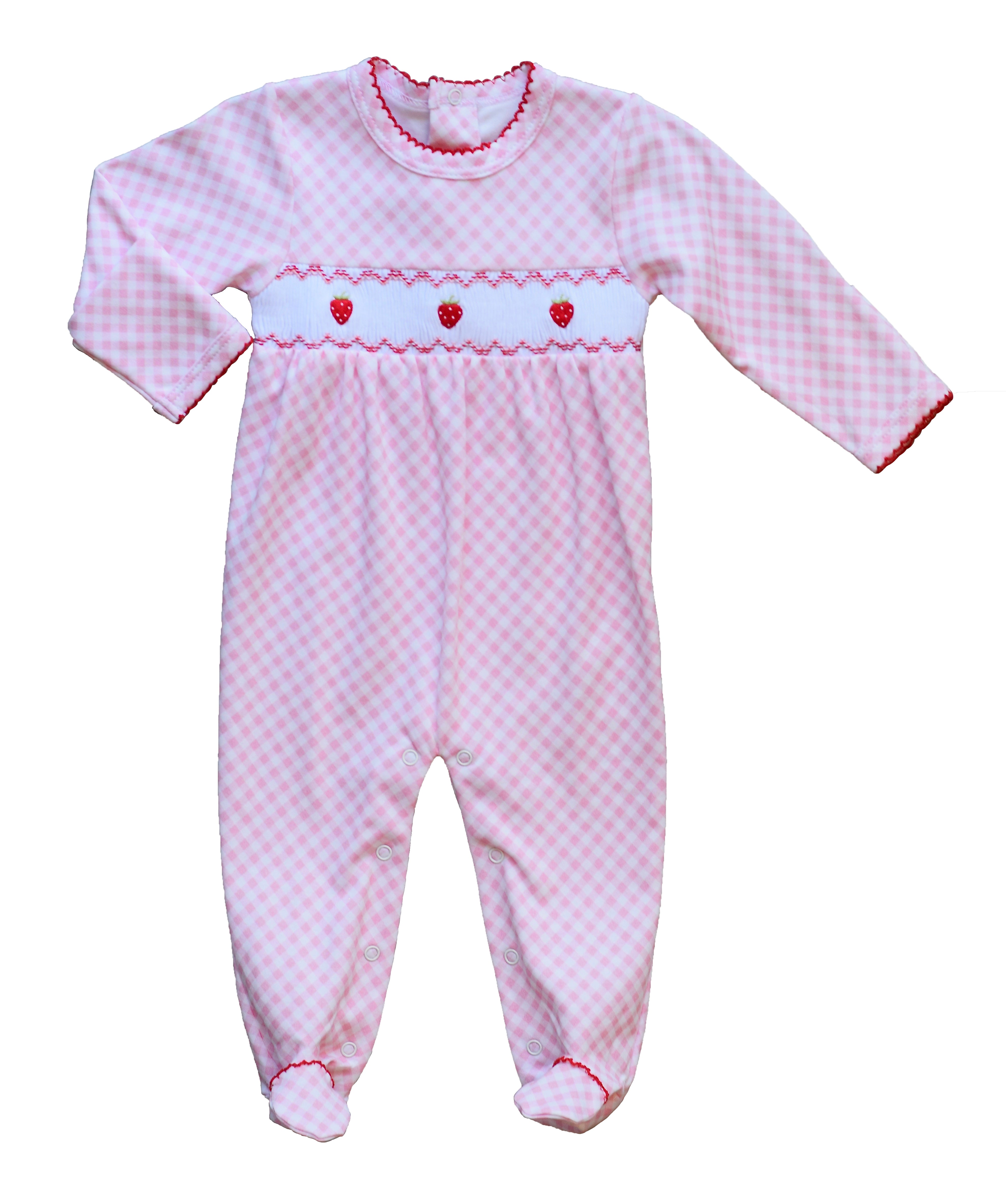 Pink Gingham Strawberry Smocked Footie