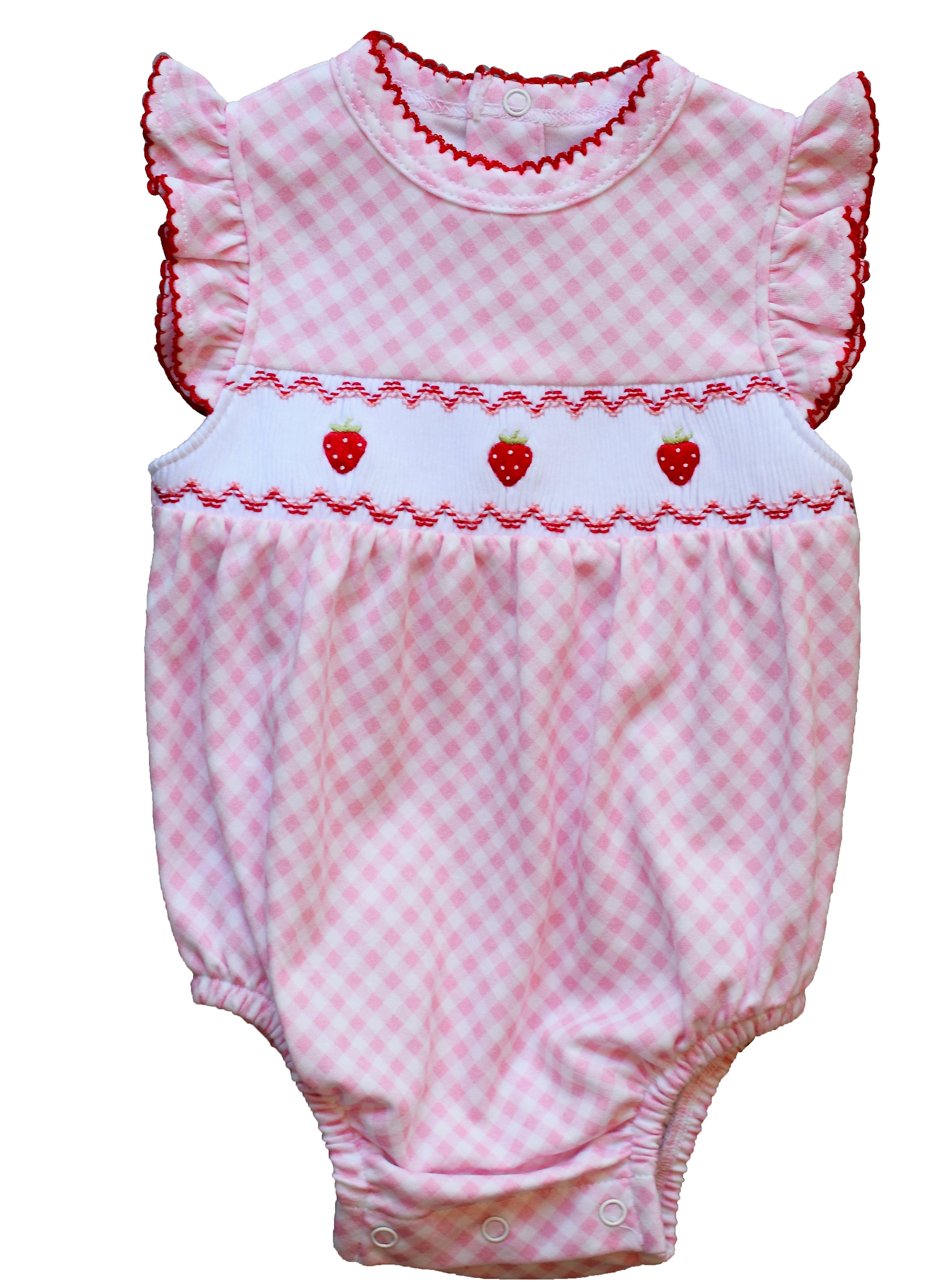 Pink Gingham Strawberry Smocked Bubble