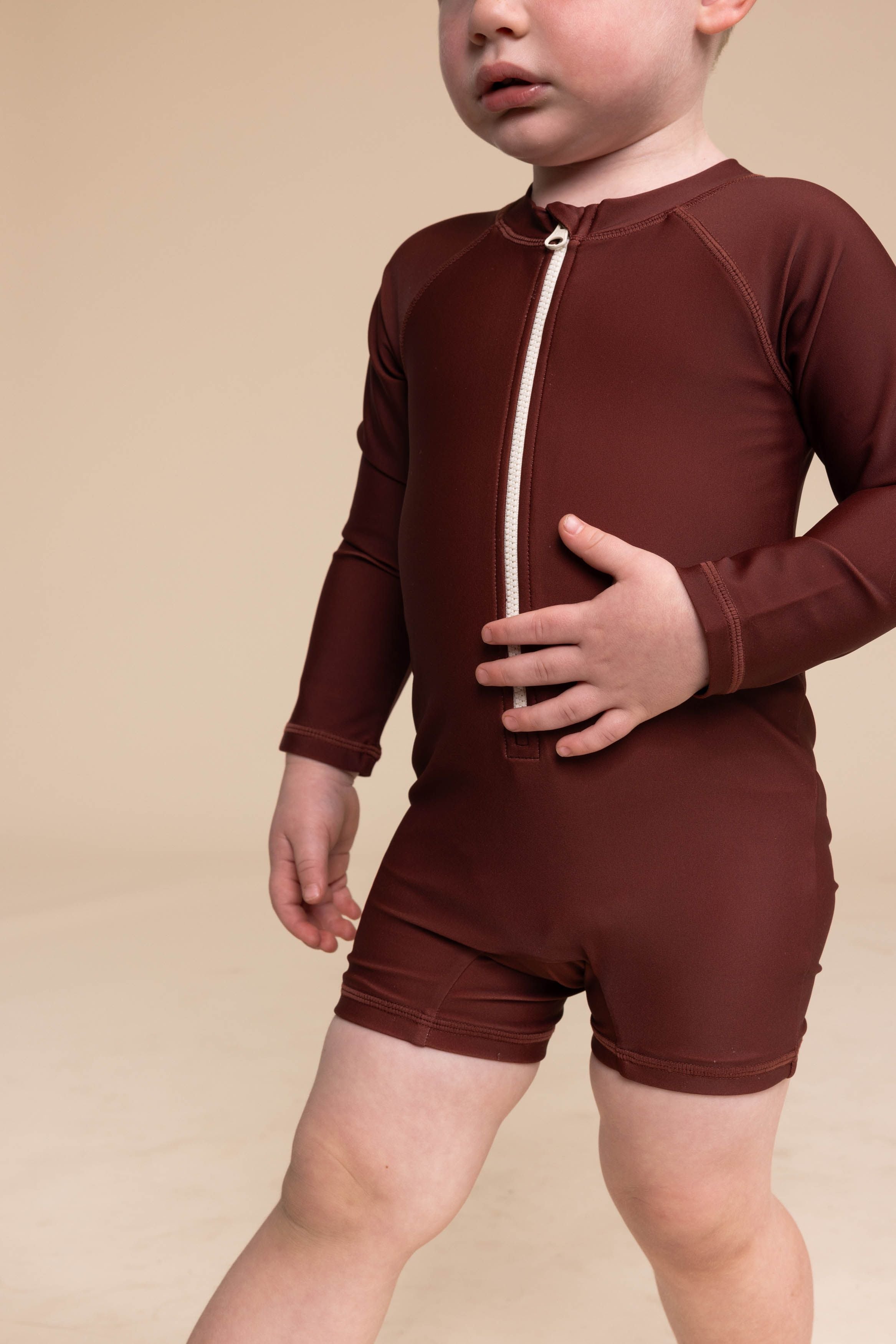 Boy's Zip Up Rashguard | Warm Brown/tan Color Block