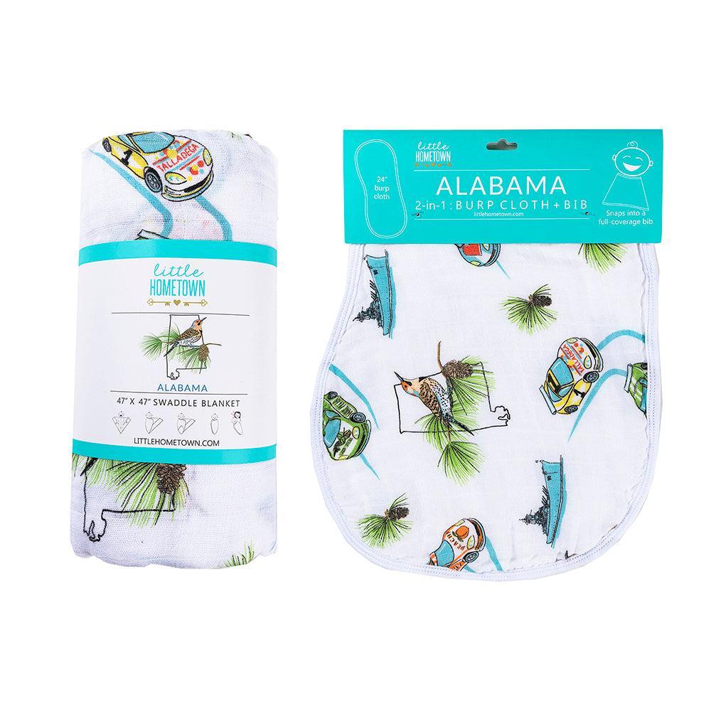 Gift Set: Alabama Baby Muslin Swaddle Blanket And Burp Cloth/bib Combo