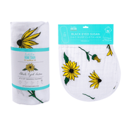 Gift Set: Black Eyed Susan Muslin Swaddle Baby Blanket And Burp Cloth/bib Combo Newborn Essentials For Feeding And Comfort