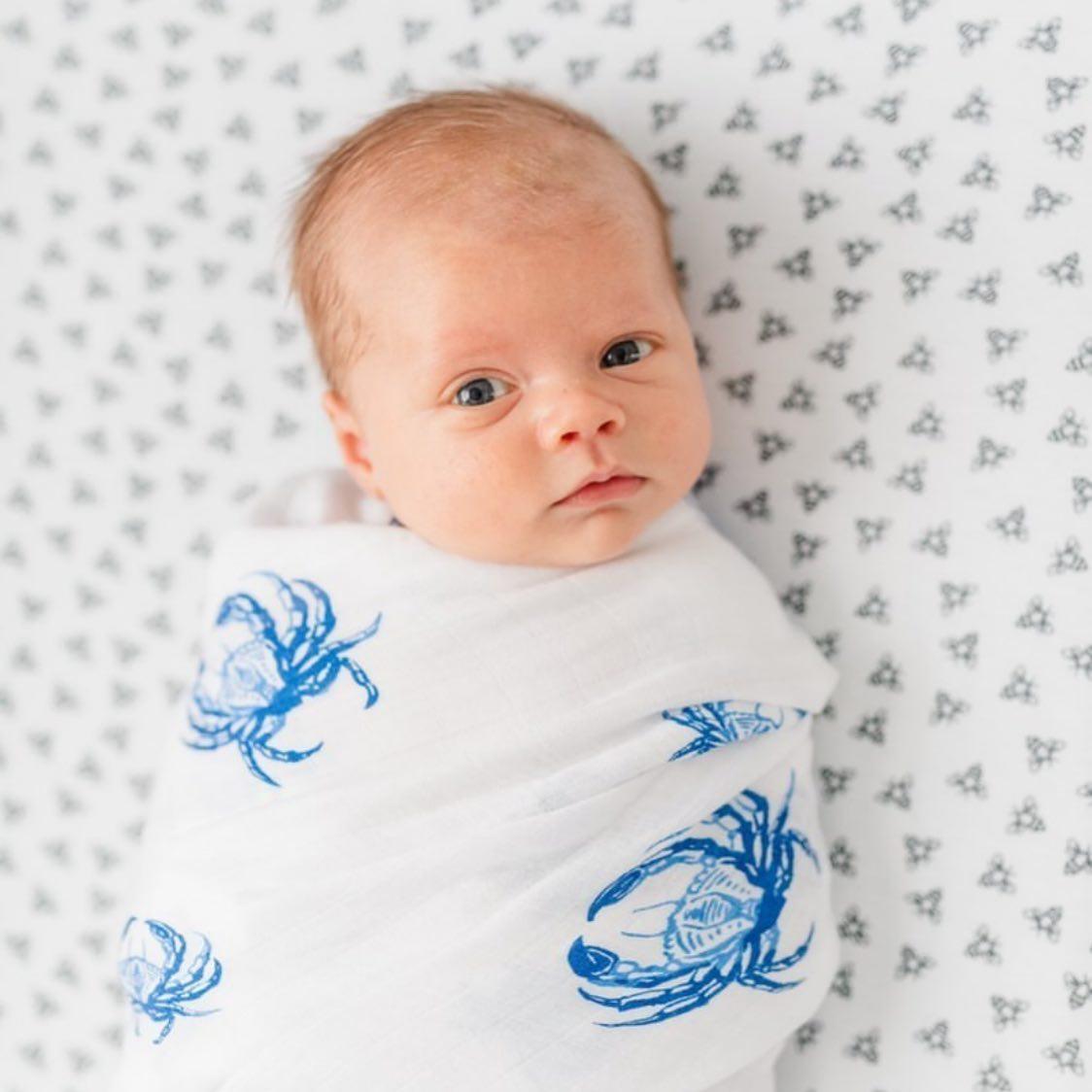 Gift Set: Blue Crab Baby Muslin Swaddle Blanket And Burp Cloth/bib Combo