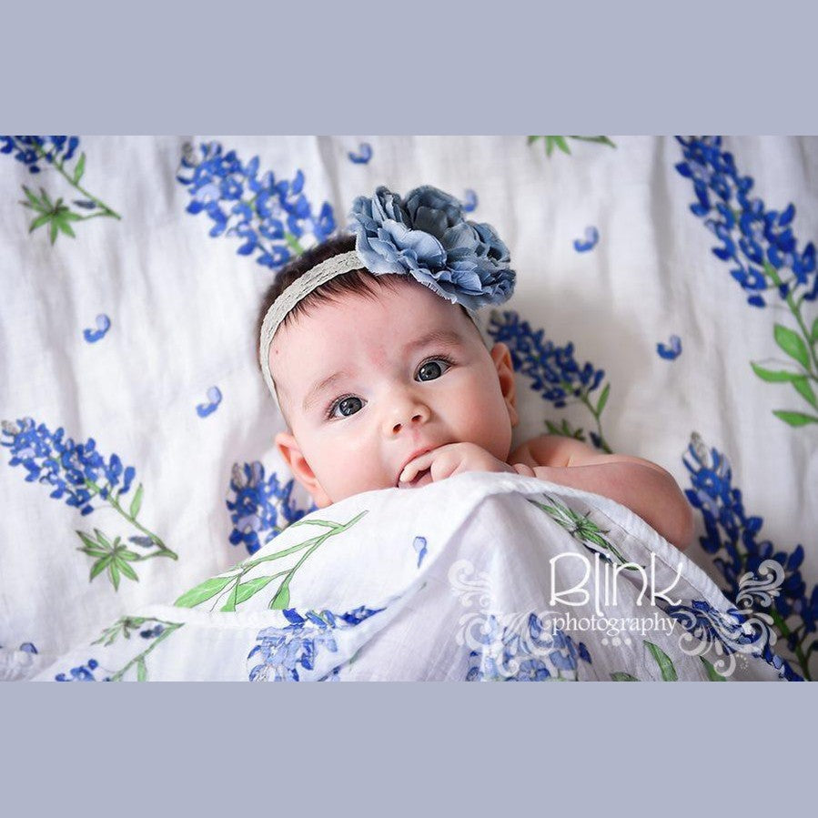Gift Set: Bluebonnets Baby Muslin Swaddle Blanket And Burp Cloth/bib Combo