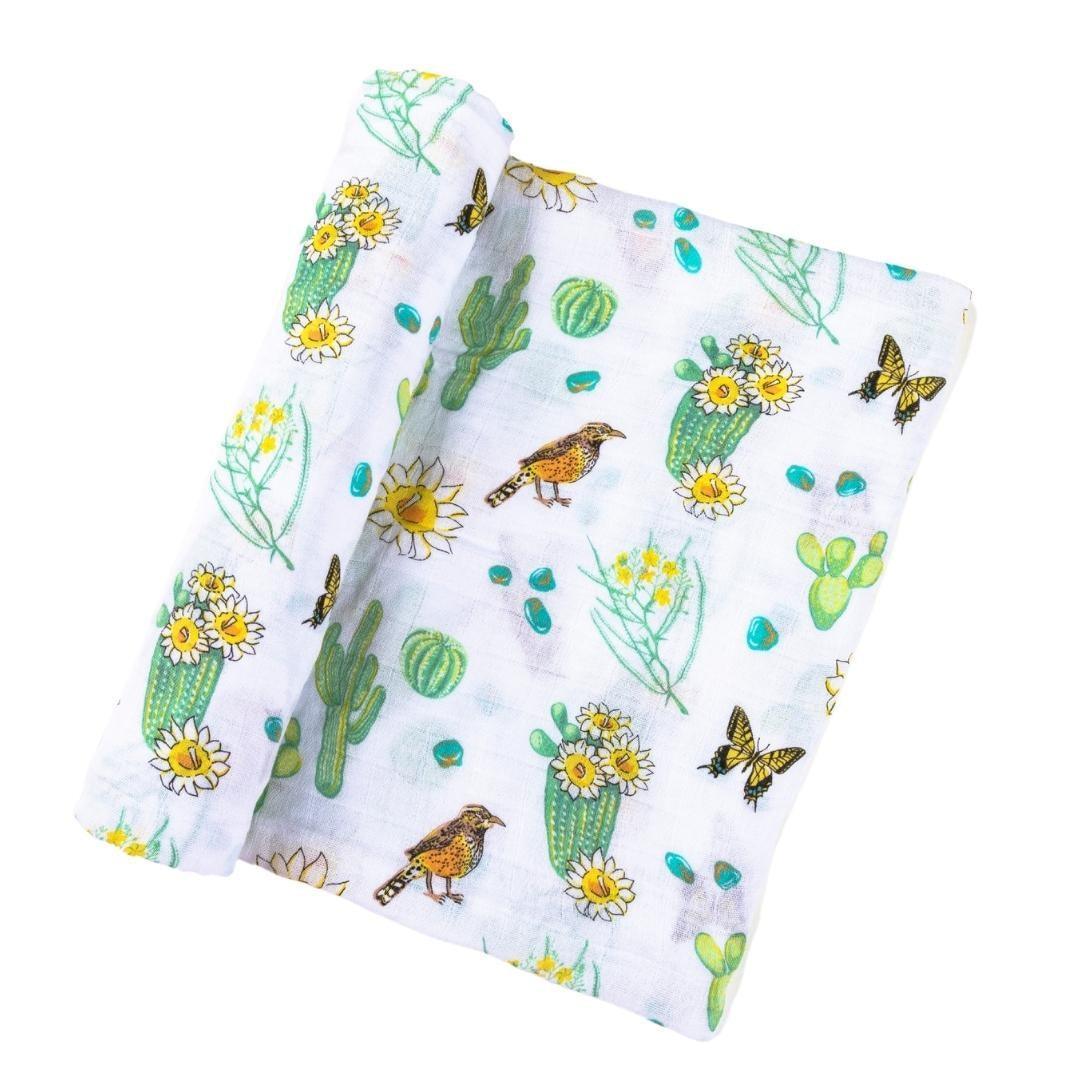 Gift Set: Cactus Blossom Baby Muslin Swaddle Blanket And Burp/bib Combo