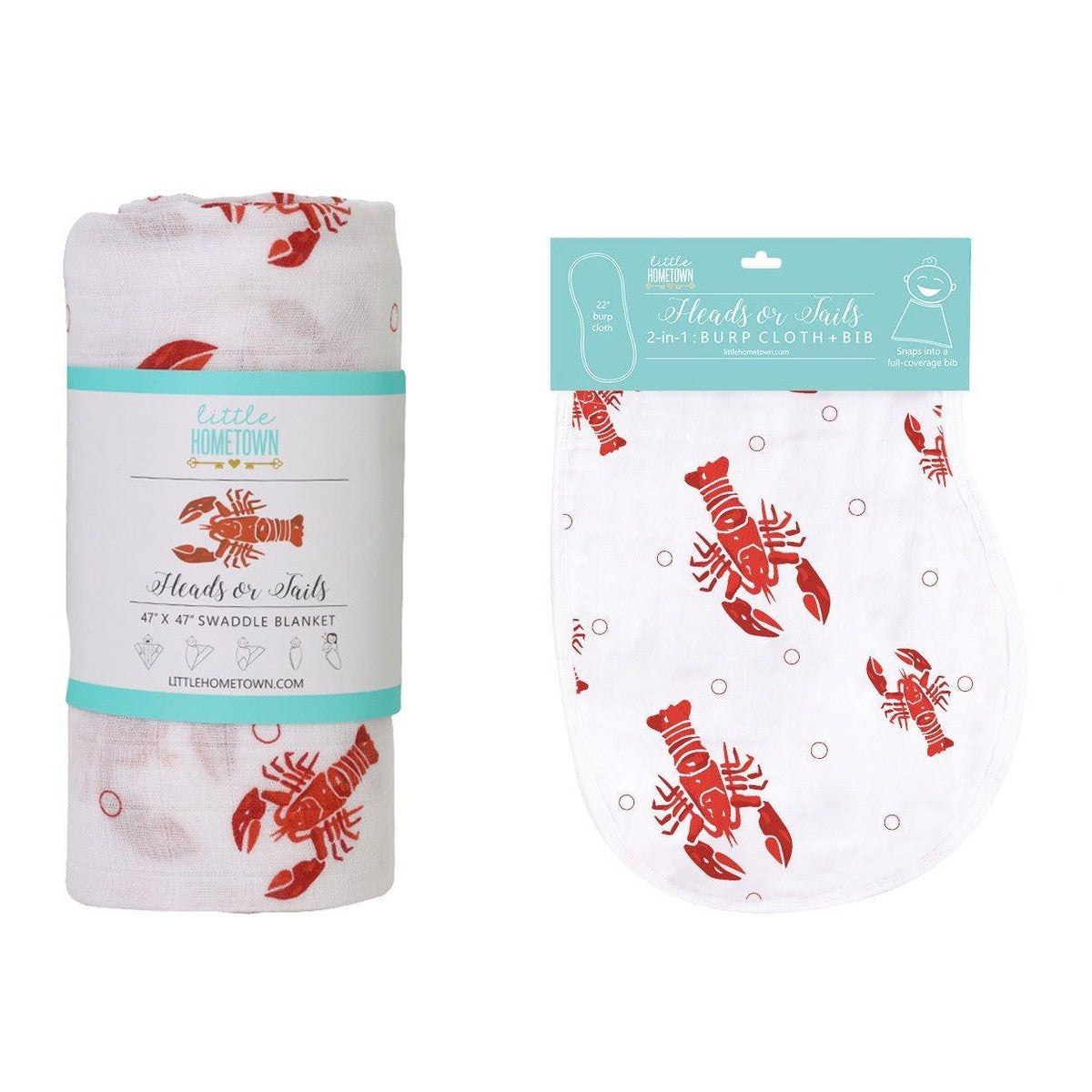Gift Set: Heads Tails Crawfish Lobster Baby Muslin Swaddle Blanket And Burp Cloth/bib Combo