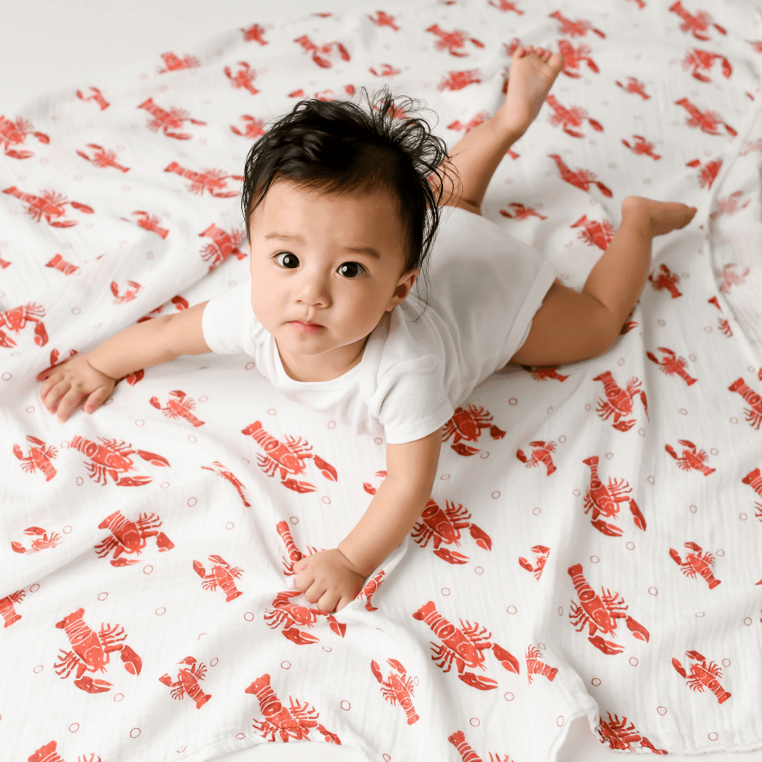 Gift Set: Heads Tails Crawfish Lobster Baby Muslin Swaddle Blanket And Burp Cloth/bib Combo