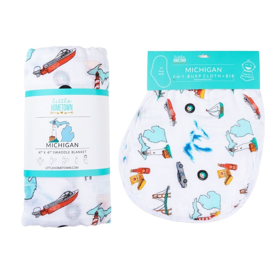 Gift Set: Michigan Baby Muslin Swaddle Blanket And Burp Cloth/bib Combo