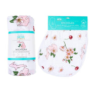 Gift Set: Michigan Baby Muslin Swaddle Blanket And Burp Cloth/bib Combo (floral) Hospital Coming Home Essential